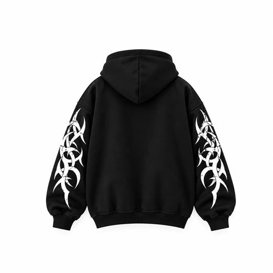 Back view of UH Fashion black oversized hoodie with plain back, matching white tribal sleeve prints, and ribbed cuffs