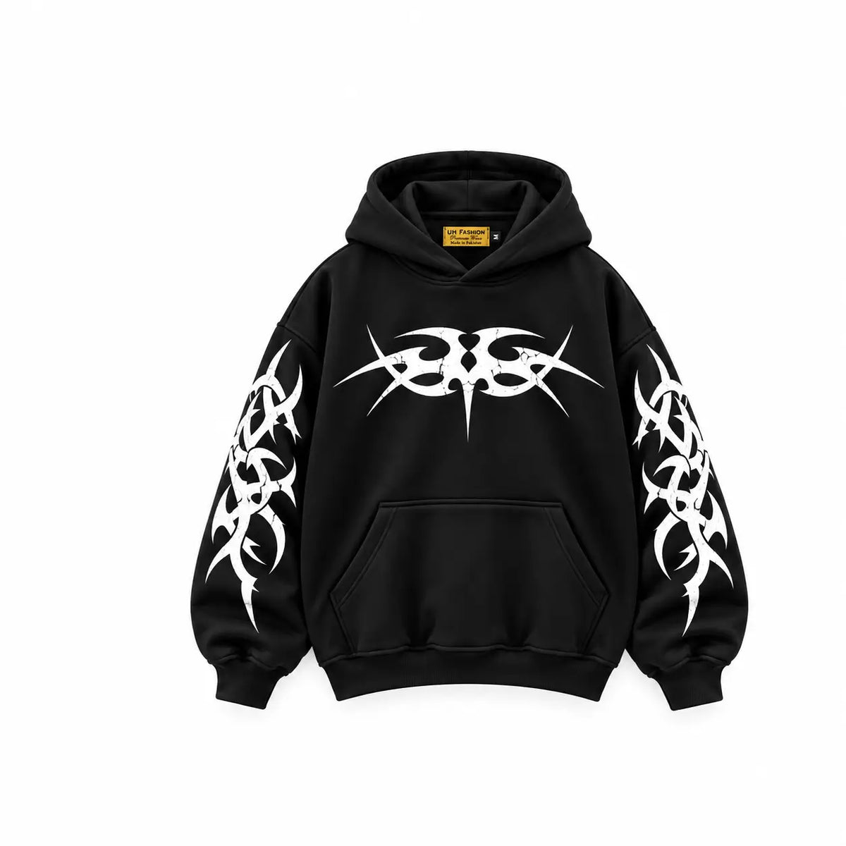 UH Fashion black oversized hoodie with white tribal chest graphic, matching sleeve prints, and premium streetwear design
