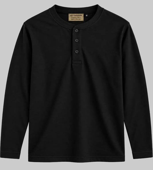 UH Fashion Black 3 Button Long Sleeve Henley Shirt