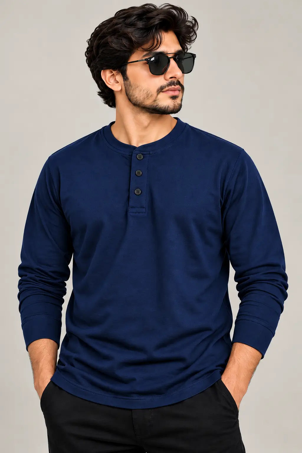 UH Fashion Navy Blue Long Sleeve Henley Shirt for Men