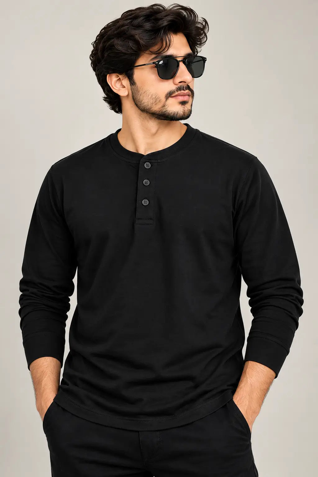 UH Fashion Black Long Sleeve Henley Shirt for Men