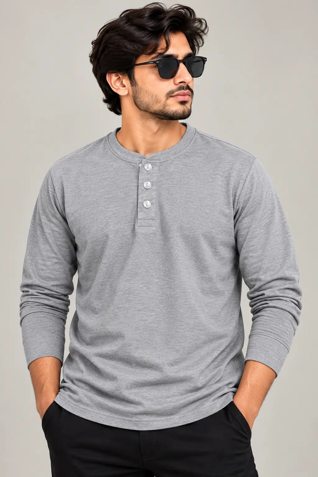 UH Fashion Heather Grey Long Sleeve Henley Shirt for Men