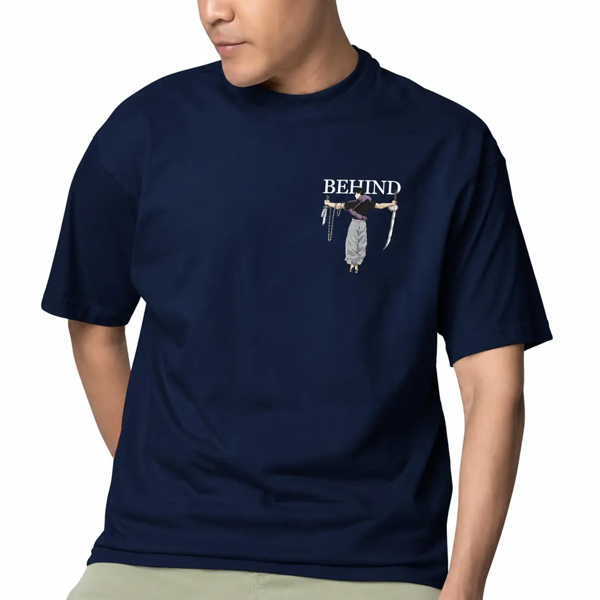 Navy Blue T-Shirt with BEHIND Anime Graphic Print on Chest – UH Fashion