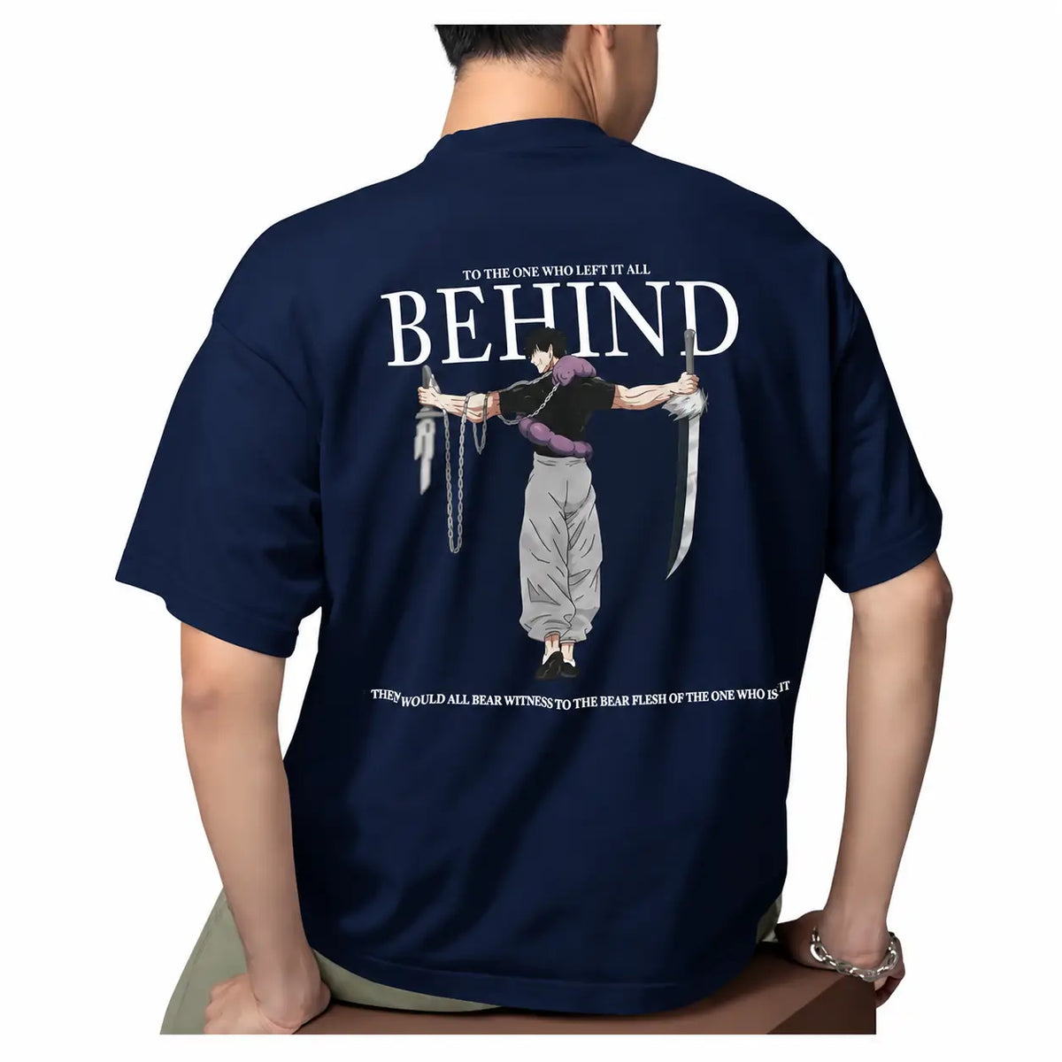Navy Blue T-Shirt with Large BEHIND Anime Graphic Print on Back – UH Fashion