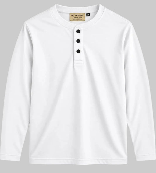 UH Fashion White Long Sleeve Henley Shirt for Men with Black Buttons