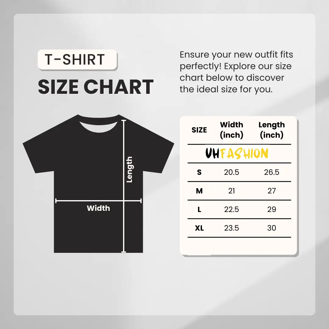 UH Fashion oversized T-shirt size chart showing S, M, L, and XL measurements in inches for width and length.